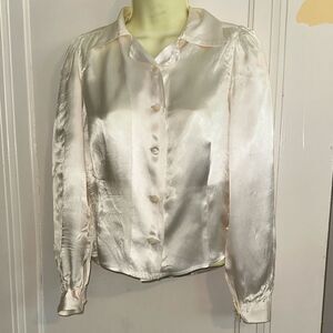 Vintage 70s/80s Handmade Cream/Ivory Shiny Satin‎ Long Sleeve Polyester Shirt